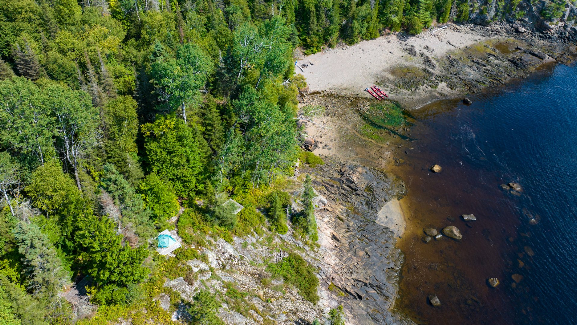 Birds eye view of sea kayaks on shore with a tent set up on a wooden platform amongst a dense forest 