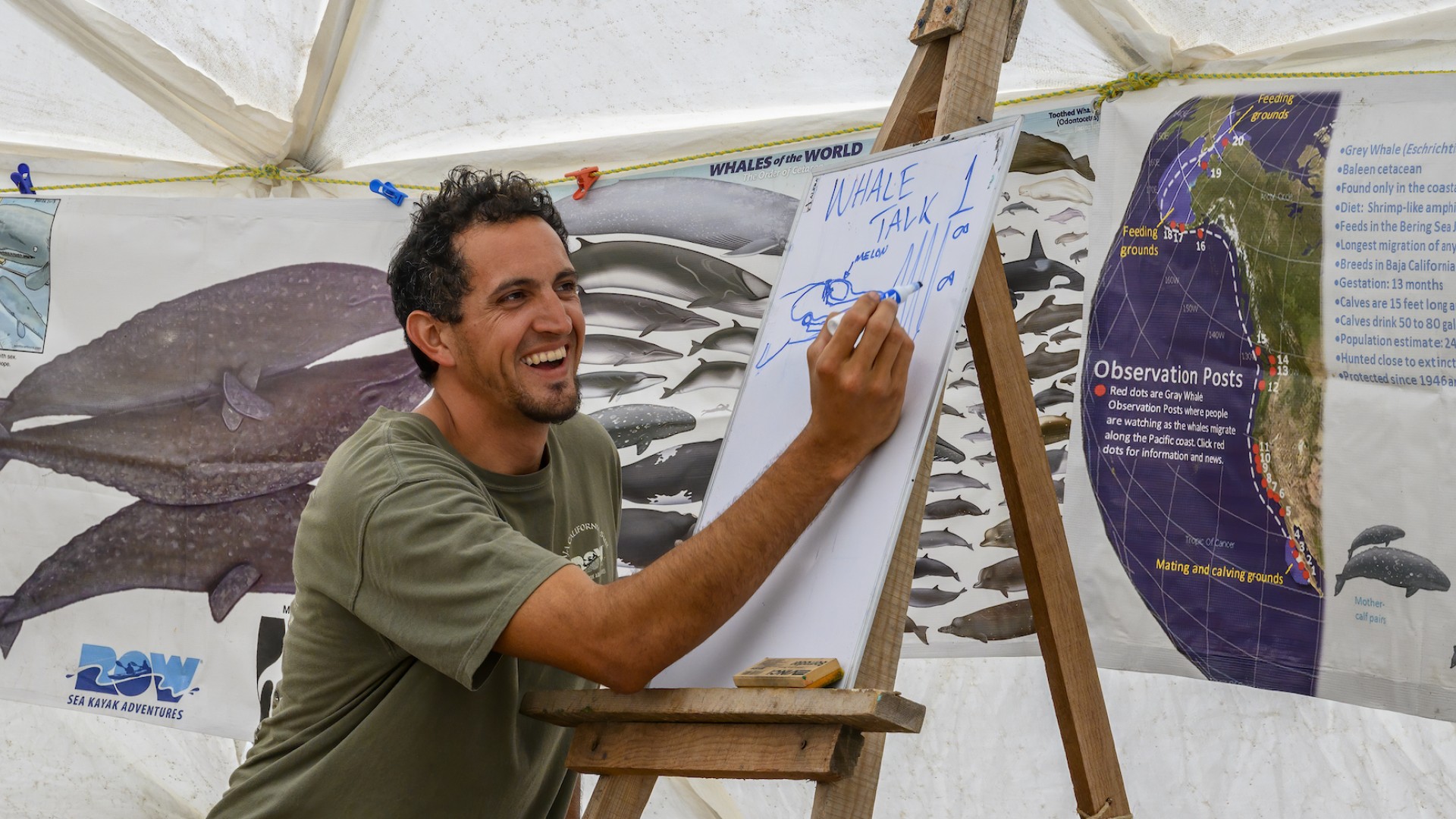 Guide Diego giving a educational talk on gray whales during the downtime while whale watching in Baja California Sur