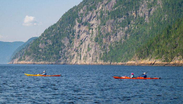 Two tandem sea kayaks paddling in Quebec